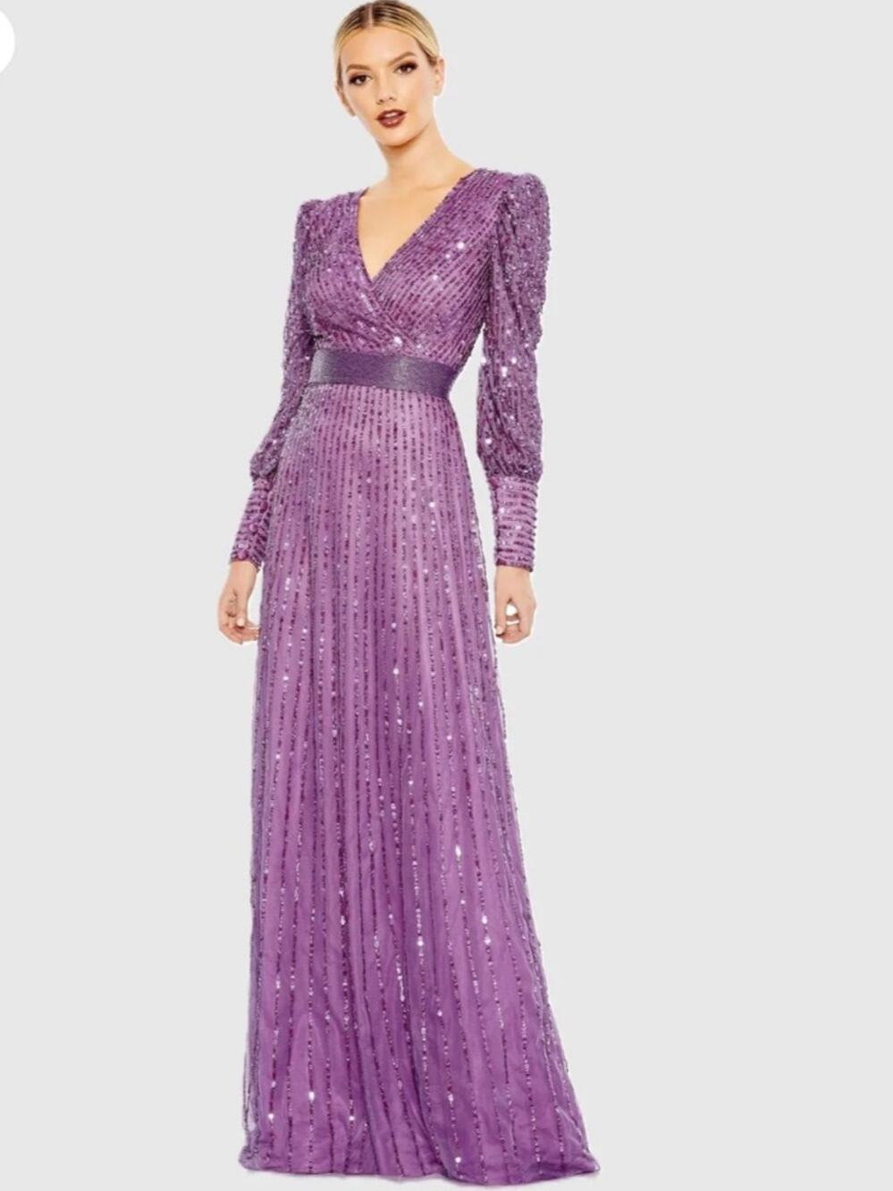 Mac Duggal Purple Sequined Wrap Over Bishop Sleeve Gown Size 18